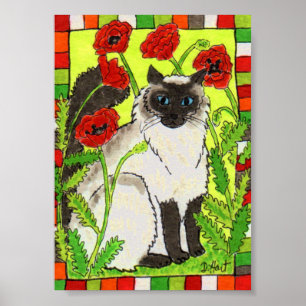 Siamese kat met Oriental Poppies Folk Art Poster