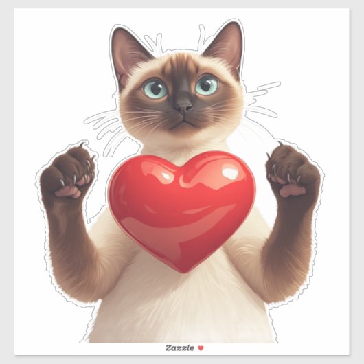 Siamese Kat Met Rode Hart En Liefdevolle Blik 🐾 Sticker (Vel)