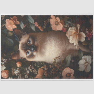 Siamese kat met roze bloemen decoupage tissuepapier
