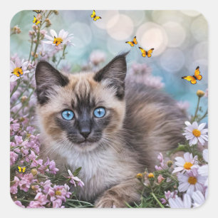 Siamese kat met vlinders en bloemen vierkante sticker