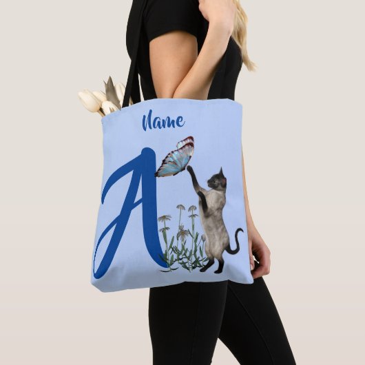Siamese Kat Monogram Initiaal A Gepersonaliseerd Tote Bag (Dichtbij)