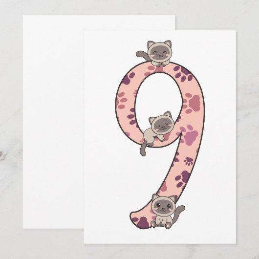 Siamese kat negende verjaardag voor katten bij kin kaart (Voorkant / Achterkant)
