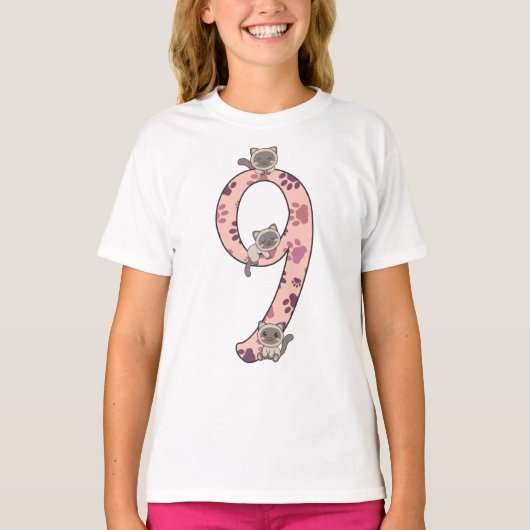 Siamese kat negende verjaardag voor kinderen met T T-shirt (Voorkant)