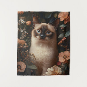 Siamese Kat Omringd Door Blozende Roze Bloemen Wandkleed