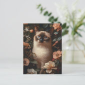 Siamese kat omringd door roze bloemetjes briefkaart (Staand voorkant)