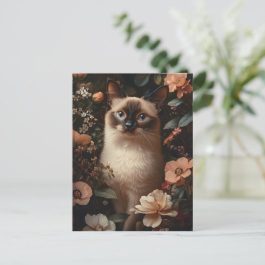 Siamese kat omringd door roze bloemetjes briefkaart (Staand voorkant)