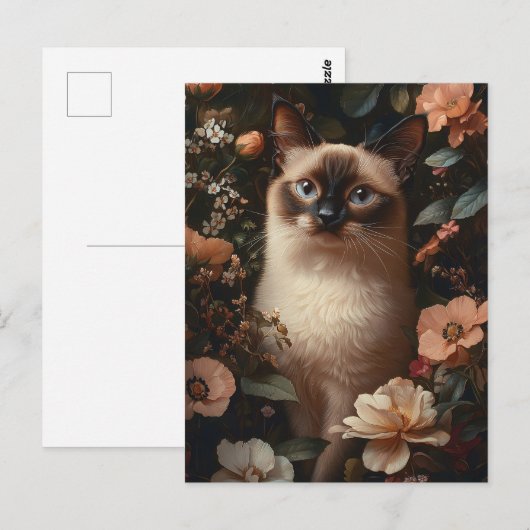 Siamese kat omringd door roze bloemetjes briefkaart (Voorkant / Achterkant)