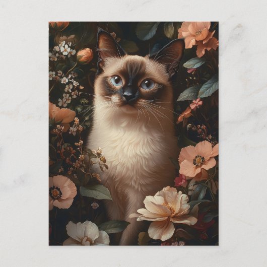 Siamese kat omringd door roze bloemetjes briefkaart (Voorkant)