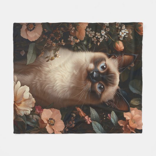 Siamese kat omringd door roze bloemetjes fleece deken (Voorkant (Horizontaal))