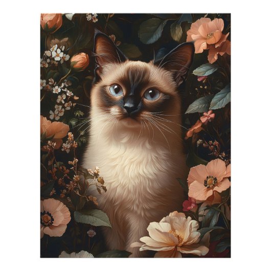 Siamese kat omringd door roze bloemetjes foto afdruk (Voorkant)