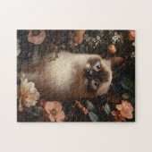Siamese kat omringd door roze bloemetjes legpuzzel (Horizontaal)