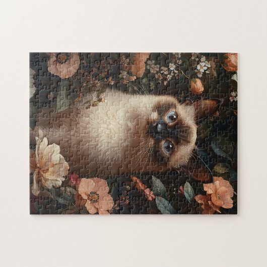 Siamese kat omringd door roze bloemetjes legpuzzel (Horizontaal)