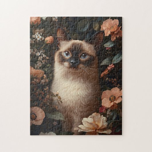 Siamese kat omringd door roze bloemetjes legpuzzel (Verticaal)