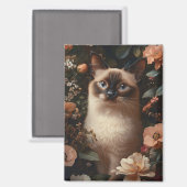 Siamese kat omringd door roze bloemetjes magneet (Voorkant / Achterkant)