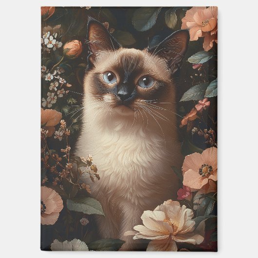 Siamese kat omringd door roze bloemetjes magneet (Voorkant)