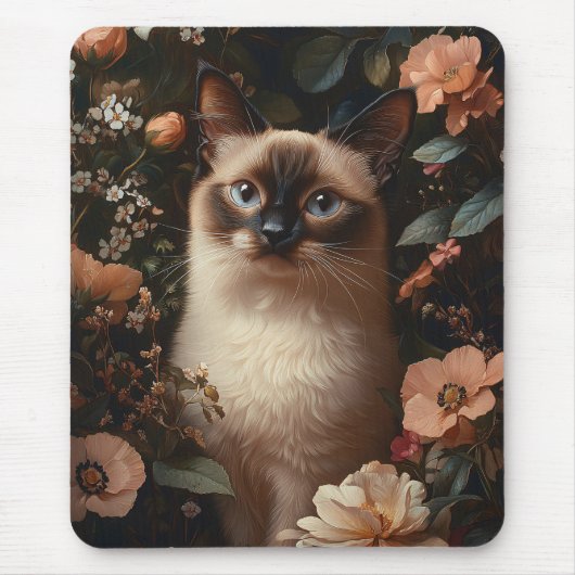 Siamese kat omringd door roze bloemetjes muismat (Voorkant)