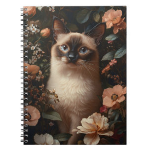 Siamese kat omringd door roze bloemetjes notitieboek
