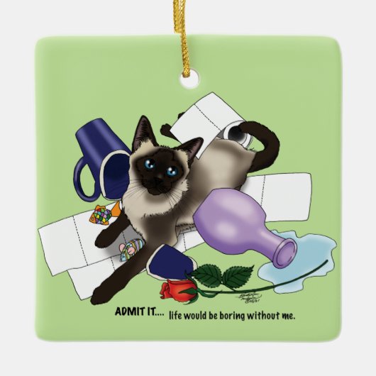 Siamese kat onheil grappig keramisch ornament (Voorkant)