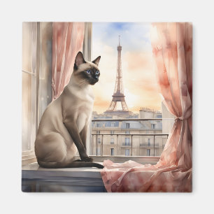 Siamese kat ontspant op Parijse vensterbank Magneet