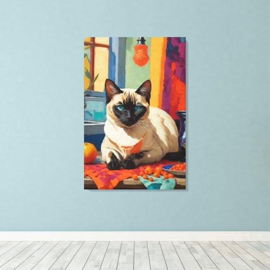 Siamese kat op aanrecht canvas afdruk (Insitu (Houten vloer))