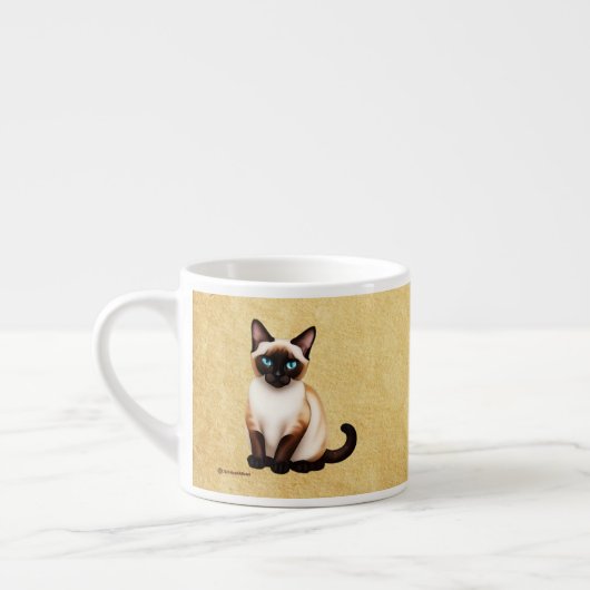 Siamese kat op oud papier espresso kop (Links)