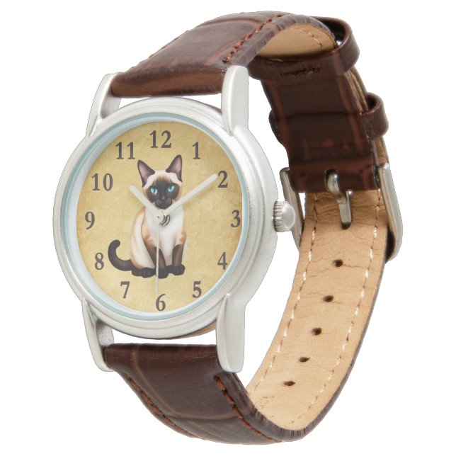 Siamese kat op oud papier horloge (Gekanteld)