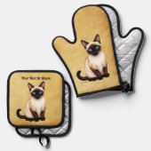 Siamese kat op oud papier ovenwant & pannenlap set (Voorkant / Achterkant)