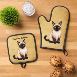 Siamese kat op oud papier ovenwant & pannenlap set