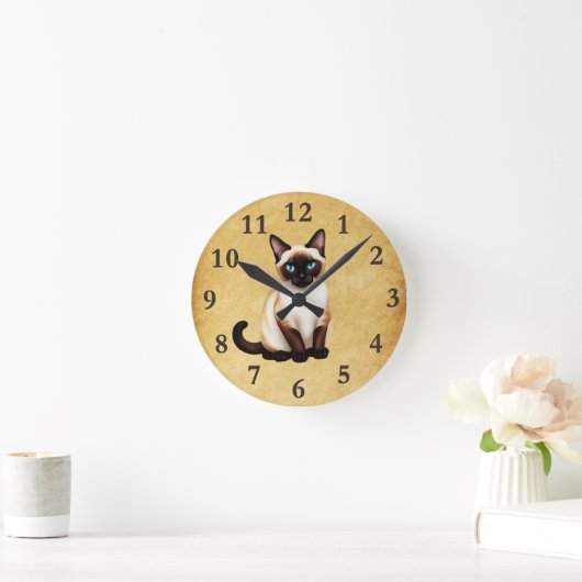 Siamese kat op oud papier ronde klok (Huis)