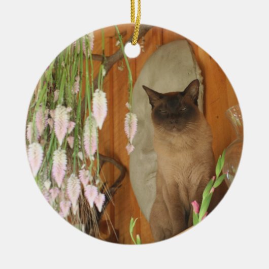 Siamese kat op planelbloemen dierlijk siermiddel keramisch ornament (Voorkant)