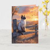 Siamese kat op split rail hek Verjaardag Kaart (Gele Bloem)