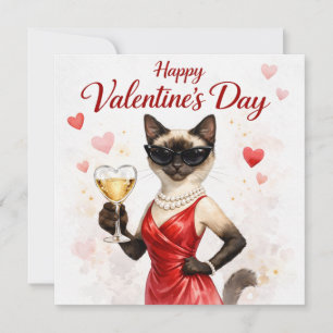 Siamese kat op Valentijnsdag – Glam kat in het roo Feestdagenkaart
