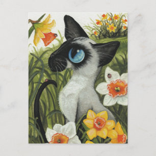 Siamese kat paaslente narcissen door BiHrLe Feestdagenkaart