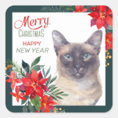 Siamese kat Poinsettia Border Kerstmis Vierkante Sticker (Voorkant)