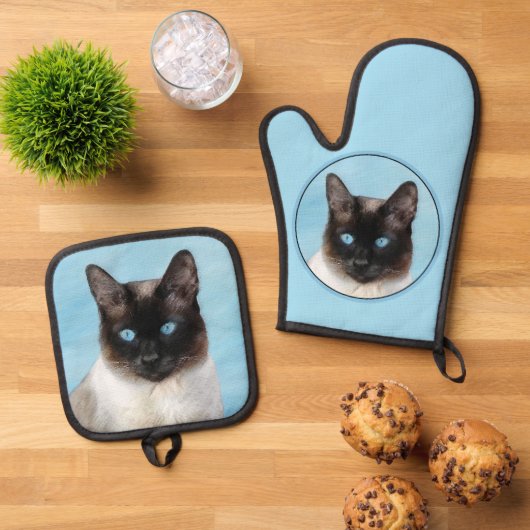 Siamese kat portret schilderen Schattigee originel Ovenwant & Pannenlap Set (Top down)