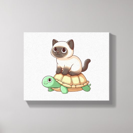 Siamese kat rijdt schildpad canvas afdruk (Voorkant)