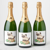 Siamese kat rijdt schildpad Kopie Sparkling Wijnetiket (Flessen)