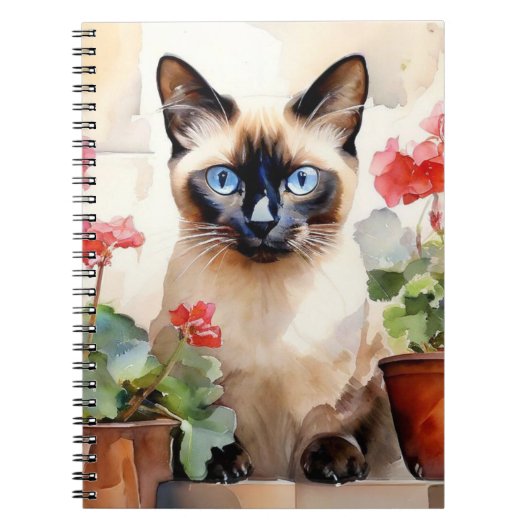 Siamese kat rode bloemen grillige Schattigee Water Notitieboek (Voorkant)