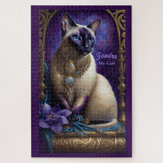 Siamese kat schilderen, juwelen en bloemen legpuzzel (Verticaal)