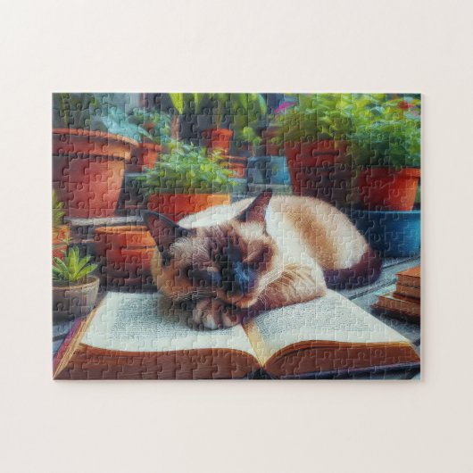 Siamese Kat Slapen op een Boek Tuin Schilderij Legpuzzel (Horizontaal)