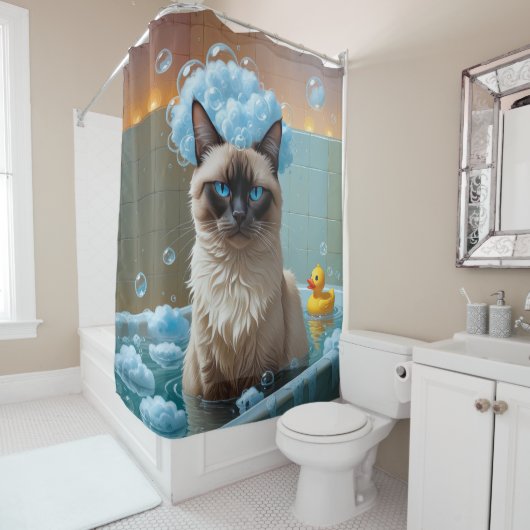 Siamese Kat Slordig Slaperig Schattig Grappig Douchegordijn (In situ)