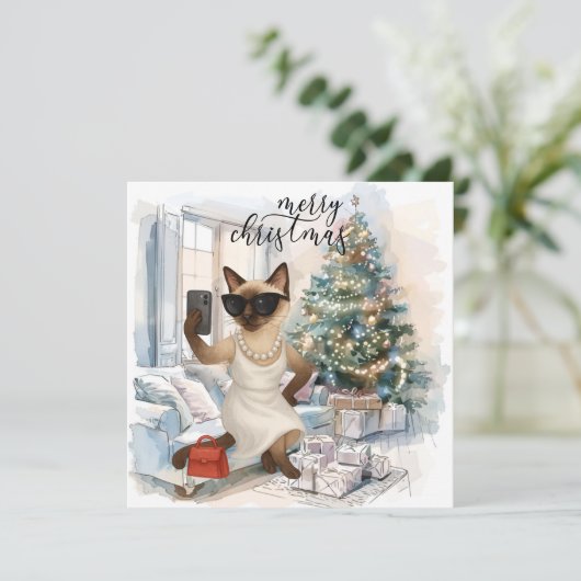 Siamese kat stuurt bericht Vrolijk kerstfeest Feestdagenkaart (Staand voorkant)