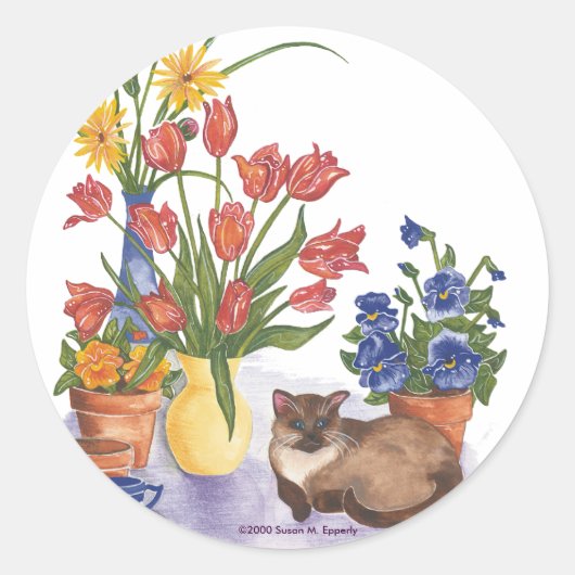 Siamese Kat Tulpen Pansies Waterverf "Chester" Ronde Sticker (Voorkant)