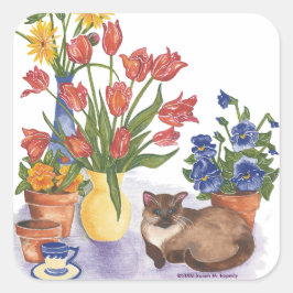 Siamese Kat Tulpen Pansies Waterverf "Chester" Vierkante Sticker
