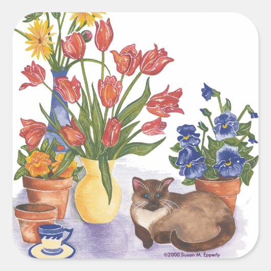 Siamese Kat Tulpen Pansies Waterverf "Chester" Vierkante Sticker (Voorkant)