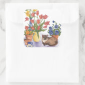 Siamese Kat Tulpen Pansies Waterverf "Chester" Vierkante Sticker (Tas)