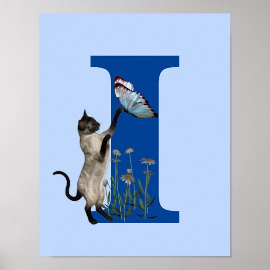 Siamese Kat Vlinder Bloemen Monogram Initiaal I Poster (Voorkant)