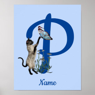 Siamese Kat Vlinder Monogram Eerste Letter P Naam Poster