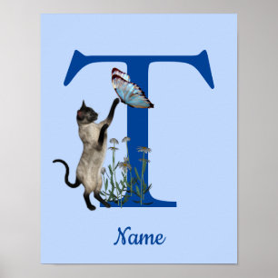 Siamese Kat Vlinder Monogram Eerste Letter T Naam Poster