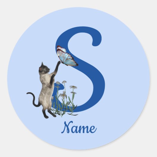 Siamese Kat Vlinder Monogram Initiaal S Naam Ronde Sticker (Voorkant)